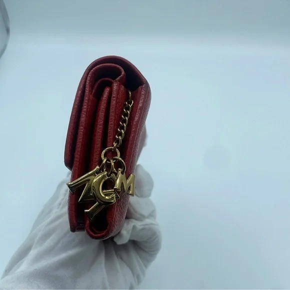 MCM Red Pebbled Leather Tri-Fold Wallet w/ Gold Hardware & Logo Charm
